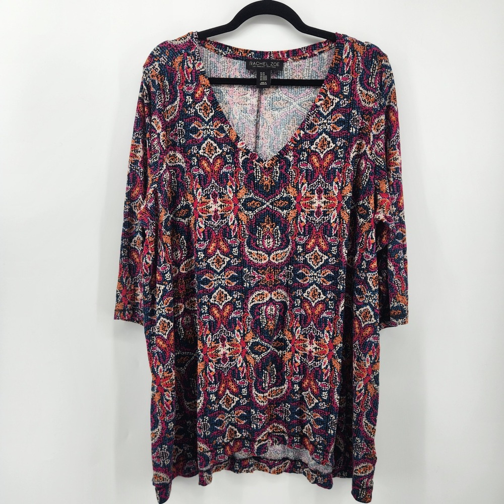 Rachel Zoe Women's 2X Tunic Blouse Multicolor Paisley V Neck 3/4 Sleeve